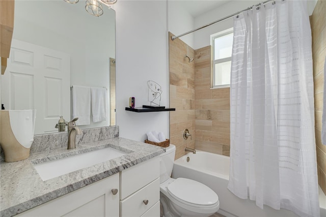 full bathroom featuring vanity, toilet, and shower / bathtub combination with curtain