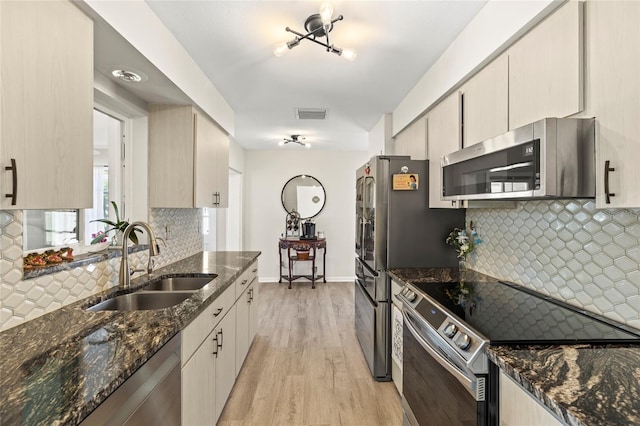 kitchen with appliances with stainless steel finishes, a sink, light wood-style flooring, tasteful backsplash, and visible vents