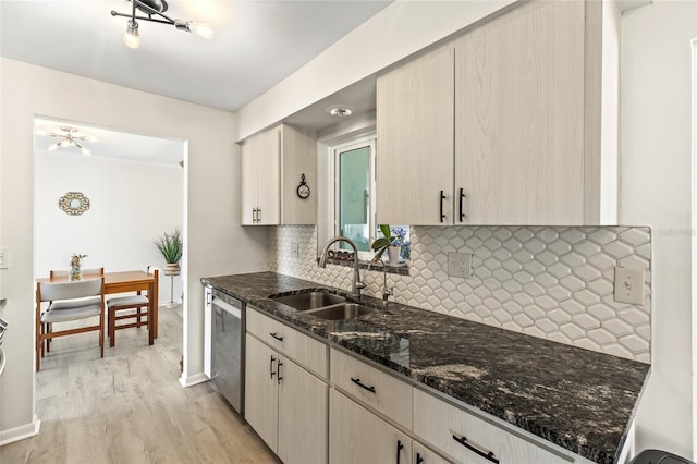 kitchen featuring dishwasher, light wood-style floors, dark stone counters, a sink, and backsplash