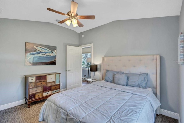 carpeted bedroom with visible vents, baseboards, a ceiling fan, and vaulted ceiling