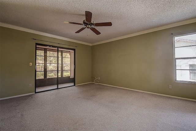 unfurnished room with carpet flooring, baseboards, and ornamental molding