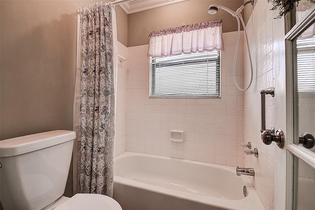 bathroom with toilet, shower / bath combo, and ornamental molding