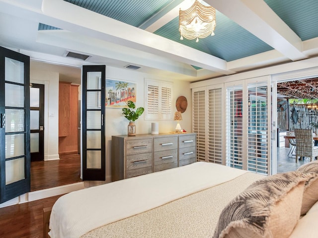 bedroom with french doors, beam ceiling, visible vents, and dark wood finished floors