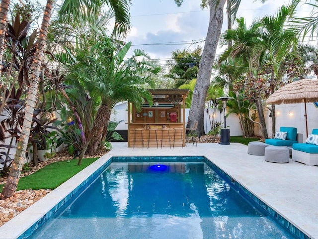 view of swimming pool with a patio area, a fenced in pool, a fenced backyard, and outdoor dry bar