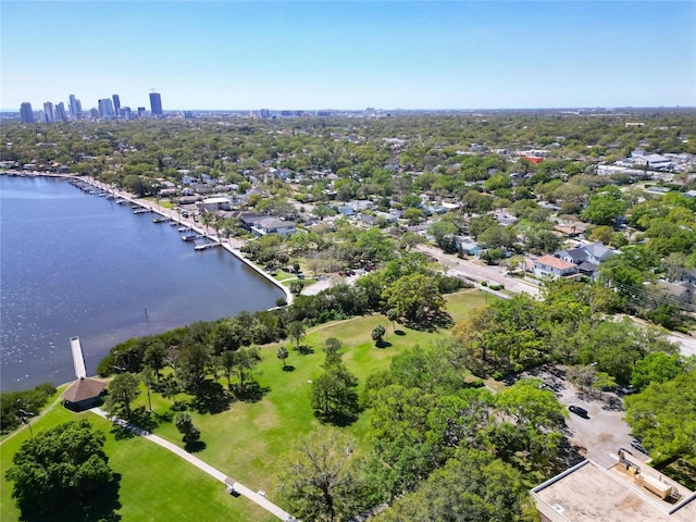 birds eye view of property featuring a water view