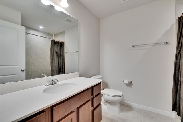 full bath with tile patterned floors, visible vents, toilet, baseboards, and vanity