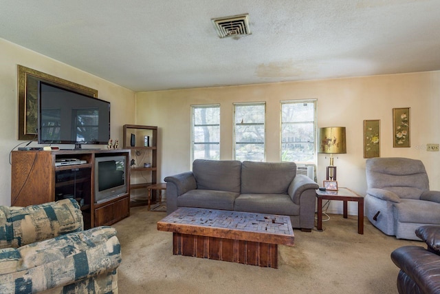 living area with visible vents, a textured ceiling, and carpet