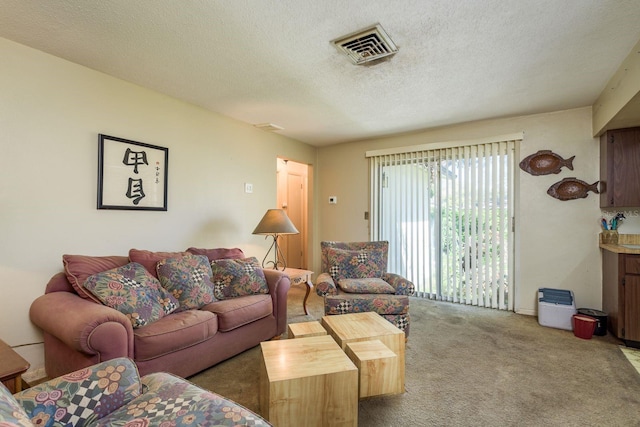 living area with visible vents, a textured ceiling, and carpet