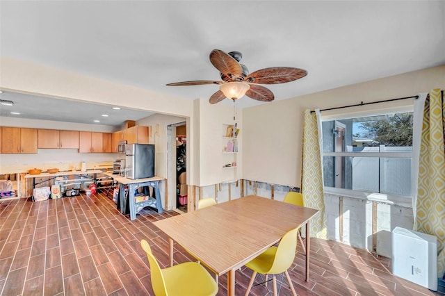 dining area with ceiling fan, wood finish floors, and recessed lighting