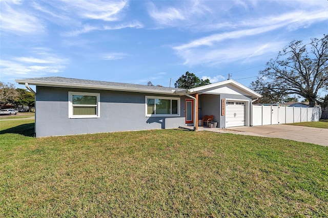 ranch-style home featuring stucco siding, an attached garage, a front yard, fence, and driveway