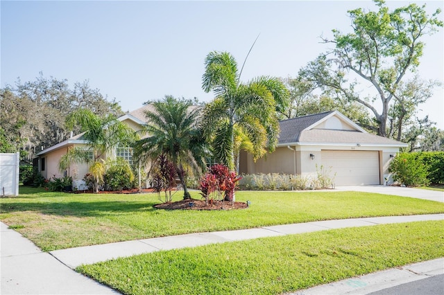 view of front facade featuring stucco siding, an attached garage, driveway, and a front lawn