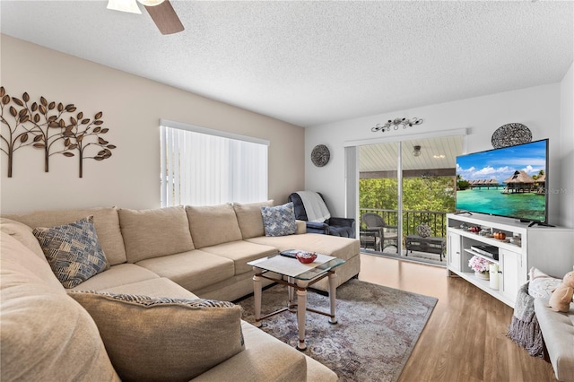 living room with a textured ceiling, a ceiling fan, and wood finished floors