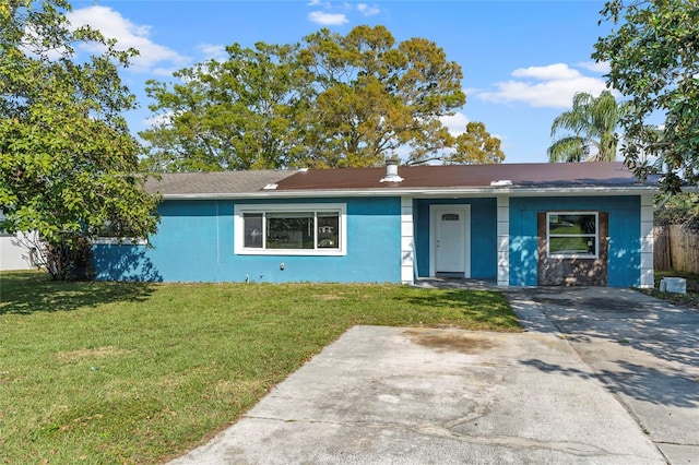 single story home featuring a front lawn and stucco siding