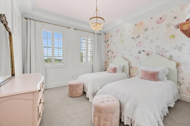 bedroom featuring ornamental molding, an inviting chandelier, wallpapered walls, baseboards, and light colored carpet