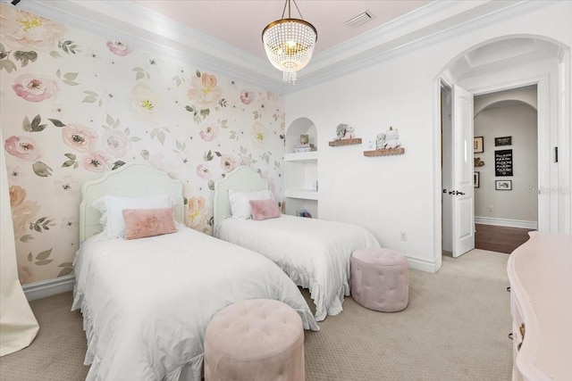 bedroom with arched walkways, carpet floors, crown molding, wallpapered walls, and baseboards