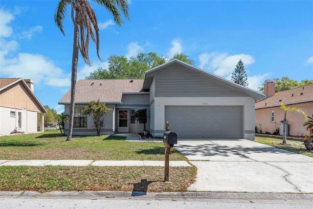 view of front of house with stucco siding, an attached garage, concrete driveway, and a front yard