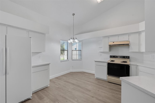 kitchen featuring a notable chandelier, under cabinet range hood, white appliances, light countertops, and lofted ceiling