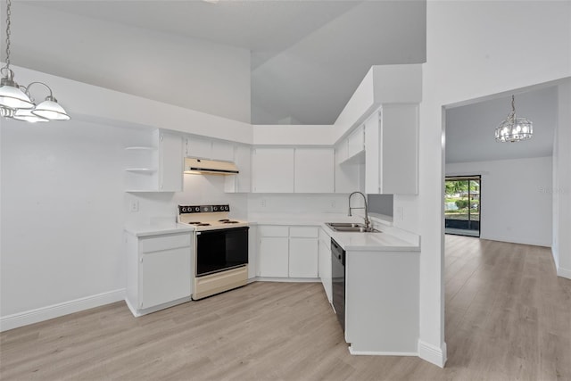 kitchen with an inviting chandelier, a sink, range with electric cooktop, under cabinet range hood, and dishwasher