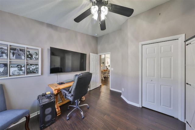 office with ceiling fan, baseboards, and wood finished floors