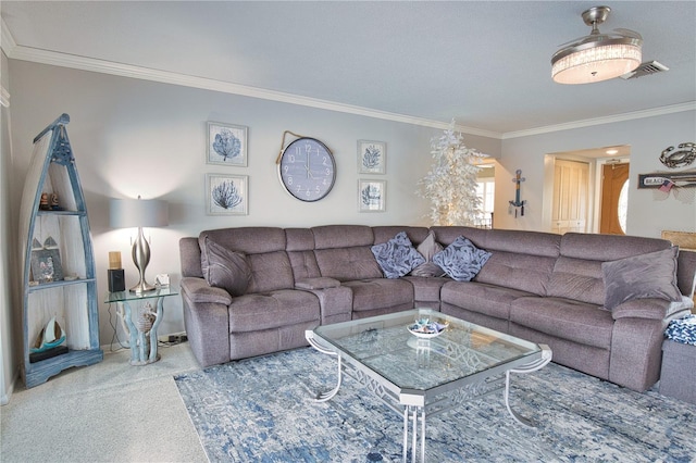 living area featuring carpet, visible vents, and ornamental molding