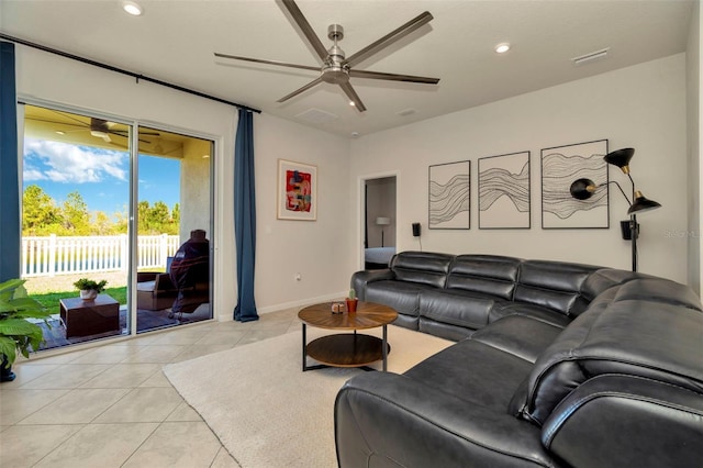 living area with visible vents, recessed lighting, light tile patterned flooring, baseboards, and ceiling fan