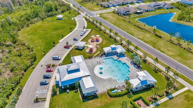 aerial view featuring a water view