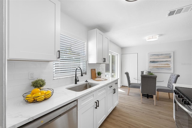 kitchen with appliances with stainless steel finishes, a sink, visible vents, and white cabinets