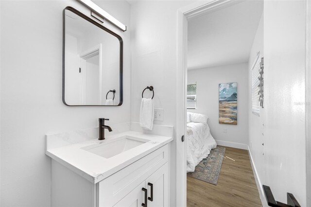 bathroom featuring baseboards, wood finished floors, and vanity