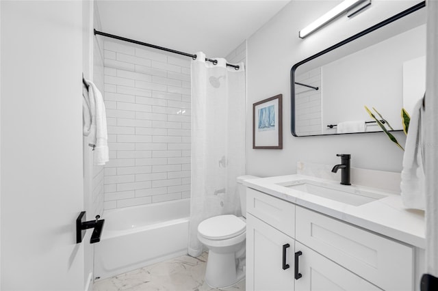 full bath featuring toilet, marble finish floor, shower / bathtub combination with curtain, and vanity