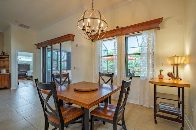 dining space featuring light tile patterned floors, visible vents, baseboards, an inviting chandelier, and crown molding