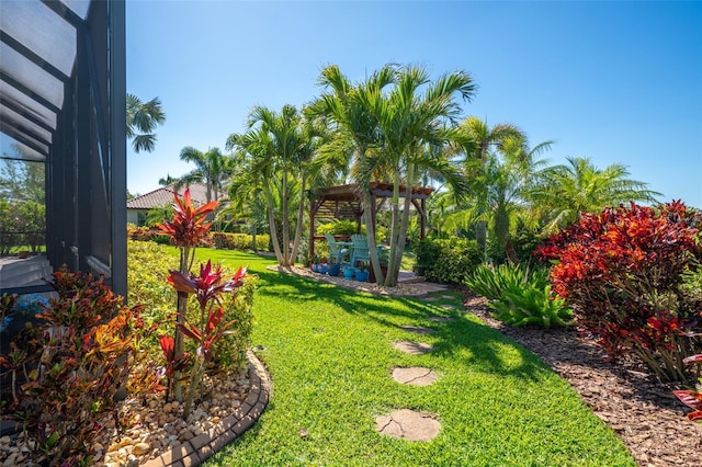 view of yard with a lanai and a patio area