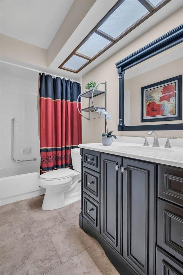 bathroom with toilet, vanity, and shower / bath combination with curtain