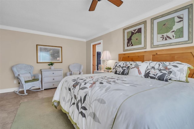 bedroom with crown molding, baseboards, and ceiling fan