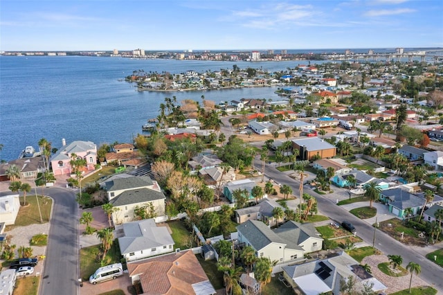 aerial view featuring a water view and a residential view