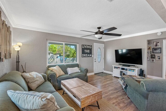 living room with baseboards, a textured ceiling, wood finished floors, and ornamental molding