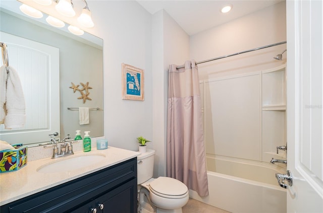 bathroom featuring vanity, toilet, recessed lighting, and shower / tub combo with curtain