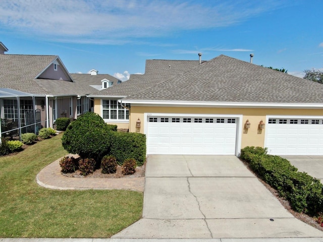 view of front of house with a shingled roof, concrete driveway, and stucco siding