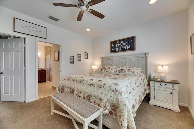 bedroom with visible vents, ensuite bathroom, recessed lighting, carpet, and baseboards