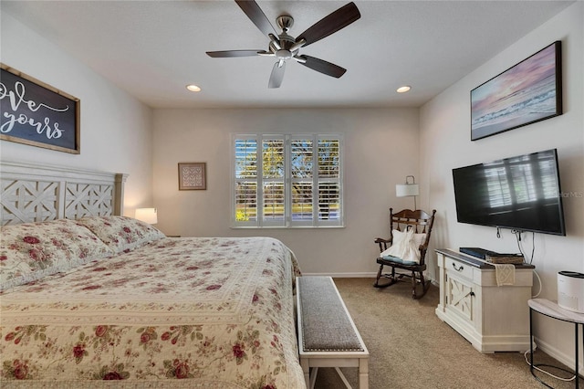 carpeted bedroom featuring recessed lighting, baseboards, and a ceiling fan