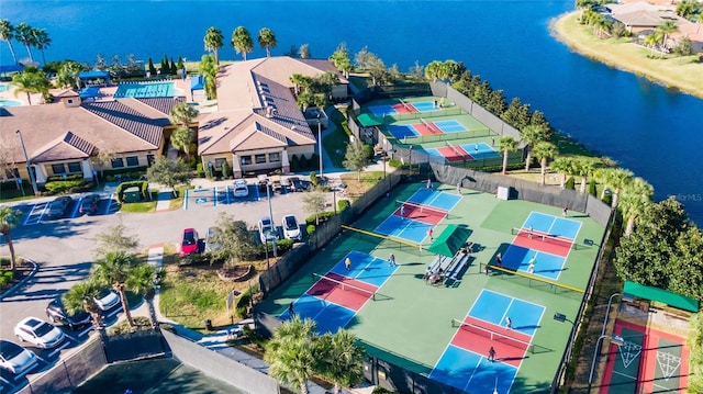 aerial view featuring a water view and a residential view