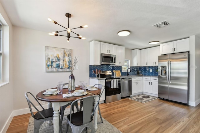 kitchen with tasteful backsplash, visible vents, appliances with stainless steel finishes, light wood-style floors, and a sink