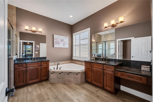 bathroom featuring two vanities, a sink, wood finished floors, a shower stall, and a bath