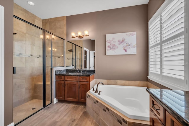 bathroom with a wealth of natural light, a shower stall, vanity, and a garden tub