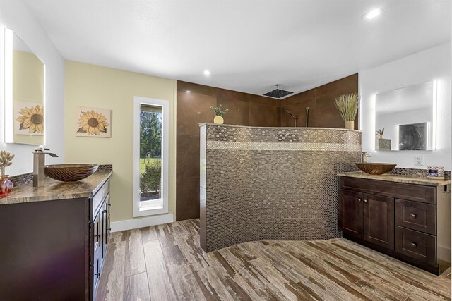 interior space featuring a sink, two vanities, walk in shower, and wood finished floors