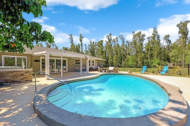 view of pool with a fenced in pool, a patio, and fence