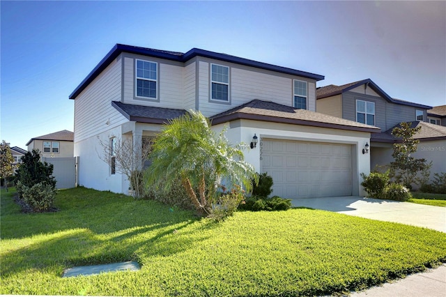 traditional-style house with a front lawn, a garage, driveway, and stucco siding