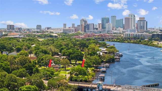 birds eye view of property featuring a water view and a city view