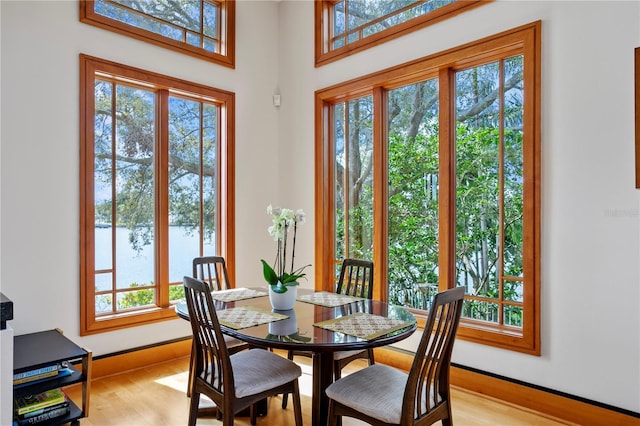 dining space with baseboards, light wood-type flooring, and a water view