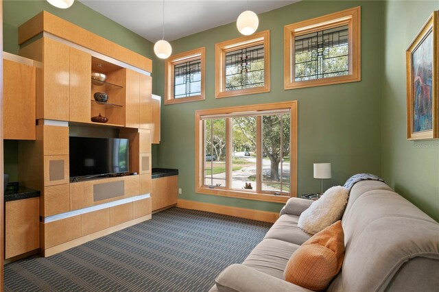 living room with baseboards and dark colored carpet