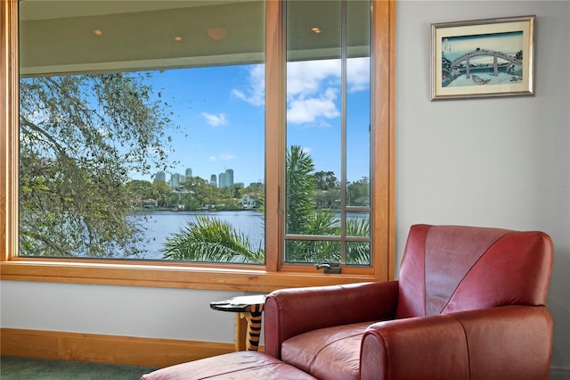 sitting room with a view of city and a water view